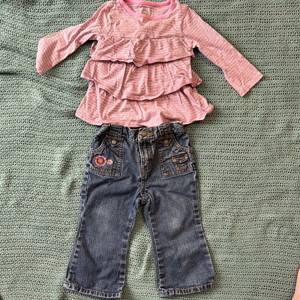 2/$10 18 month Pink Ruffle Top and Denim Jeans Set - Picture 1 of 5